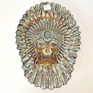 Royal Craft Handmade Reverse-Painted Glass Plate Native American Skull Headdress